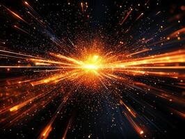 vibrant explosion of orange dots and particles radiates outward from the center, illuminating the dark surroundings with an intense energy that captivates the viewer's attention. photo