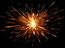 radiant sphere of fiery orange particles erupts, scattering vividly in all directions, creating an intense and dynamic display of cosmic energy on a stark black background. photo