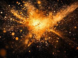 intense burst of orange particles erupts, forming a radiant sphere of energy while fragments scatter outward, creating a mesmerizing cosmic display in the darkness. photo