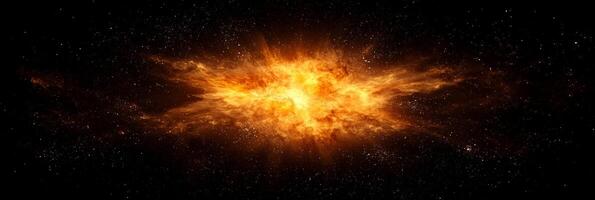 vibrant explosion of orange particles emits fiery energy, scattering and glowing dynamically, forming an awe-inspiring cosmic burst in the vast darkness of space. photo