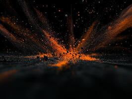 powerful burst of orange dots and particles erupts from the center, illuminating the dark background with a dynamic display of energy and color. The explosion captivates the viewer. photo