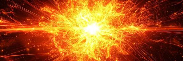 dazzling explosion of bright orange particles bursts forth, radiating fiery energy as they scatter dynamically across a stark black background, creating a stunning cosmic spectacle. photo