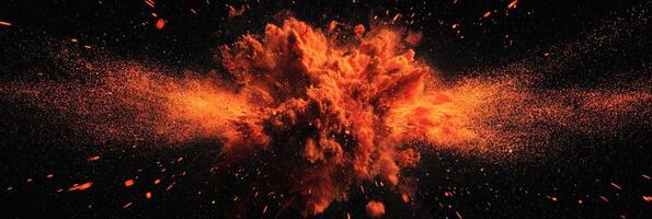 vibrant explosion of orange particles bursts forth, radiating intense energy and scattering glowing fragments into the dark void. The powerful cosmic display captivates the viewer. photo