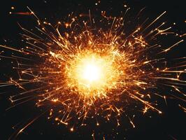 dynamic burst of orange particles erupts from the center, scattering outward in a spectacular display of radiant energy, illuminating the surrounding darkness. photo
