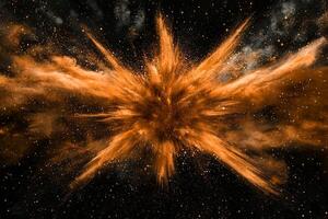 energetic burst radiates orange particles, scattering in all directions amid a black void, evoking a dynamic sense of power and chaotic beauty. photo