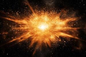 vibrant burst of orange particles erupts from the center, scattering fiery trails and glowing dust throughout the dark canvas. The explosion exudes high energy and movement. photo