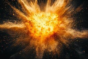explosion of vibrant orange particles erupts from a central point, scattering glowing dust and fiery trails across a dark canvas with powerful energy and motion, creating a mesmerizing visual. photo