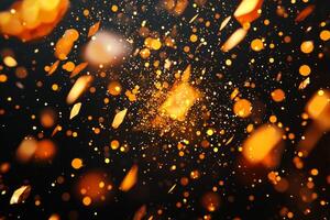 high-energy explosion unleashes a burst of orange particles, scattering glowing dust and fiery trails across the dark canvas, showcasing movement and vibrancy. photo