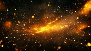 captivating explosion of orange particles bursts from the center against a dark backdrop, scattering fiery trails and radiating incredible cosmic energy in every direction. photo