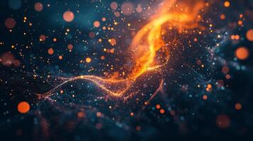vibrant explosion of orange particles bursts from the center, radiating outward against a dark background, creating a captivating display of energy and motion. photo