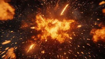 vibrant explosion of orange particles emanates from the center, casting intense light across a dark background, evoking a sense of dynamic cosmic energy and movement. photo