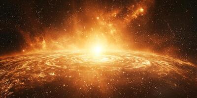 awe-inspiring explosion unfolds, with a glowing core at its center. Orange particles swirl outward, creating a radiant wave of fiery light and cosmic dust that captivates the darkness. photo