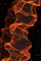 explosion of vibrant orange particles unfurls dynamically, creating a wave of radiant energy. Glowing dust trails extend outward against the dark cosmic backdrop, evoking a sense of motion. photo