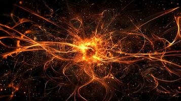 captivating eruption of orange particles bursts forth from a central point, illuminating the dark background with intense energy. Fiery trails scatter outward, creating an enthralling display. photo