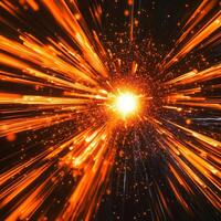 powerful orange explosion radiates outward, with particles dispersing dynamically, creating a vibrant, high-energy burst against a dark cosmic backdrop. photo