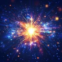vibrant explosion of orange particles radiates outward from a dazzling core, creating a stunning display of energy dispersing across a dark, cosmic background, full of intensity. photo