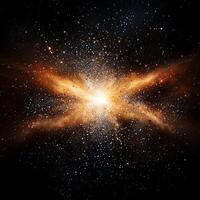 stunning burst of cosmic energy unfolds as radiant orange particles erupt from a luminous core, dispersing outward in a spectacular celestial display against a pitch-black void. photo
