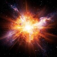 powerful explosion of orange particles bursts forth from a bright core, dynamically dispersing in all directions against a backdrop of darkness, embodying cosmic energy. photo