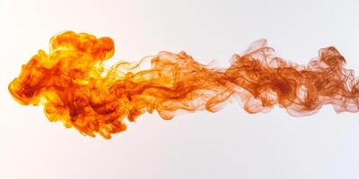 mesmerizing plume of orange smoke gracefully twists and swirls upward, showcasing deep hues that seamlessly blend into softer tones against a white canvas. photo