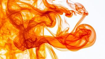 Vibrant orange tendrils of smoke swirl elegantly upward, creating a mesmerizing contrast against a pure white background, evoking a sense of fluidity and artistic expression. photo