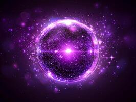 vibrant explosion of purple particles creates a glowing sphere of energy, with luminous particles scattering dynamically against a dark cosmic background, emanating a sense of mystery and wonder. photo