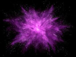 breathtaking explosion of purple particles bursts forth from a glowing center, scattering outward in a wave of energy against a pitch-black backdrop, evoking a radiant cosmic phenomenon. photo