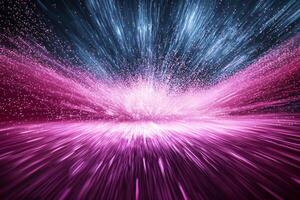 stunning burst of purple particles explodes from the center, creating a mesmerizing spectacle of vibrant light and dynamic trails against a deep black background. photo