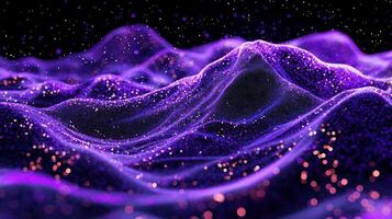 intense eruption of purple particles radiates from a central point, scattering outward and creating a stunning wave of luminous energy amidst the darkness. photo