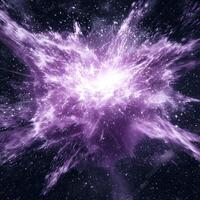 stunning display of energy unfolds as a bright purple explosion erupts from a glowing core, sending particles spiraling outward in a captivating cosmic event against a deep black space. photo