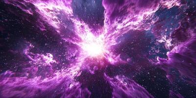 stunning display unfolds as particles in radiant purple erupt from a luminous core, creating cascading waves of vibrant light across a cosmic expanse, evoking a sense of wonder and energy. photo