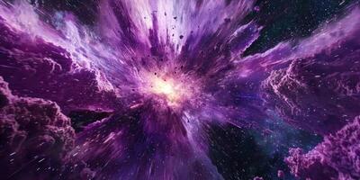stunning explosion of purple particles radiates from a bright core, casting ethereal waves of light into the vast cosmos. The energy creates a mesmerizing display of color and motion. photo