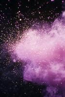 spectacular purple particle explosion unfolds, sending shimmering dust and glowing trails radiating outward, embodying the essence of cosmic energy amidst the dark expanse. photo