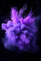 stunning burst of purple particles explodes outward, creating a mesmerizing display of glowing dust and energy trails that evoke a cosmic phenomenon. photo