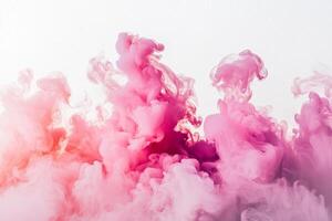 Thick pink smoke billows upward, swirling softly against a bright white background, creating an ethereal ambiance that captivates the viewer. The delicate hues blend seamlessly. photo