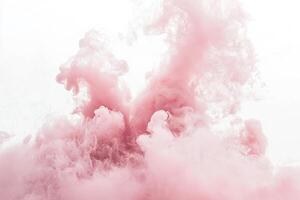 A gentle, thick cloud of pink smoke rises gracefully, blending with a bright white background, evoking a dreamy and ethereal sensation that captivates the senses. photo