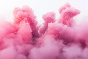Thick pink smoke billows upward with soft edges and varying opacity, blending beautifully against a stark white background. The ethereal effect captivates the viewer. photo