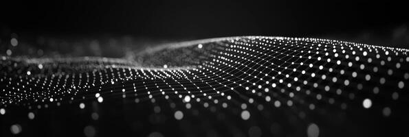 Silver particles elegantly intertwine to form a complex geometric pattern, reminiscent of a digital web, set against a deep black backdrop that enhances its futuristic appeal. photo