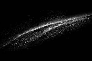 Tiny silver dots float on a black canvas, some linked by luminous lines, creating a serene starry night effect. This minimalist digital artwork radiates a metallic elegance, inviting wonder. photo