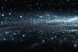Tiny silver dots are scattered across a black canvas, some interconnected by glowing lines, creating a captivating starry night effect in a minimalist style. photo