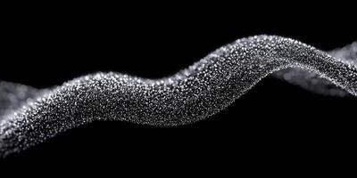 A mesmerizing arrangement of silver particles clusters together, forming a flowing wave that glimmers softly against a deep black background, exuding an otherworldly charm. photo