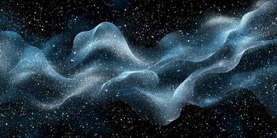 A captivating arrangement of silver particles clusters together, creating a fluid wave-like structure that shimmers softly in the darkness, exuding an otherworldly quality. photo