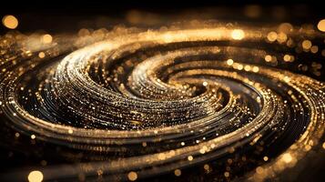 Scattered silver particles form a captivating swirling spiral against a black canvas, varying in size and glowing softly, evoking a cosmic, minimalistic aesthetic. photo