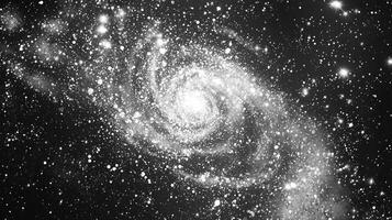 Silver particles scatter across a dark landscape, forming a swirling spiral that glimmers with metallic hues, inviting viewers into a cosmic journey through space. photo