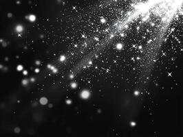 Small silver dots scatter chaotically across a dark background, some glowing brightly while others fade, creating a mesmerizing stardust effect reminiscent of the cosmos. photo