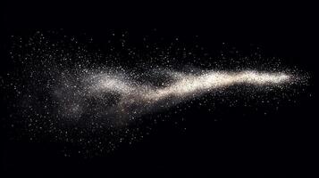 Silver particles dance across a pitch-black canvas, creating an enchanting galaxy-like formation. This artwork exudes a soft glow, inviting viewers to explore the cosmos' mysteries. photo