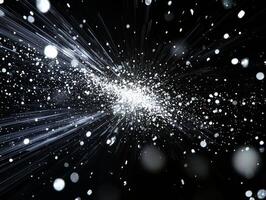 Sparkling silver dots and luminous particles surge outward from the center, creating a captivating explosion of energy in a dark setting, evoking movement and vibrancy. photo