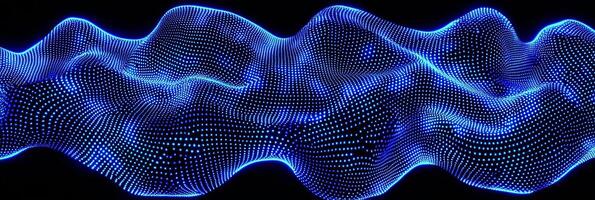 Blue particles intertwine to create stunning geometric patterns, seamlessly connected by glowing lines against a deep black backdrop, offering a glimpse into a futuristic cosmic universe. photo