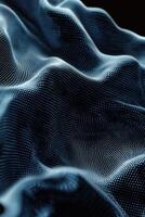 A stunning arrangement of blue dots undulates across a black background, creating a dynamic wave effect. The particles blur gently, suggesting movement and depth within the composition. photo