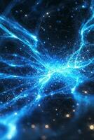 A vibrant burst of blue particles radiates outward, creating a mesmerizing explosion against a black background. The scattering particles glow and shimmer, embodying cosmic energy in motion. photo