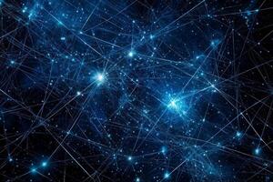Turquoise dots scatter across a dark canvas, interconnected by luminous lines, creating an enchanting cosmic effect that evokes wonder and imagination. photo